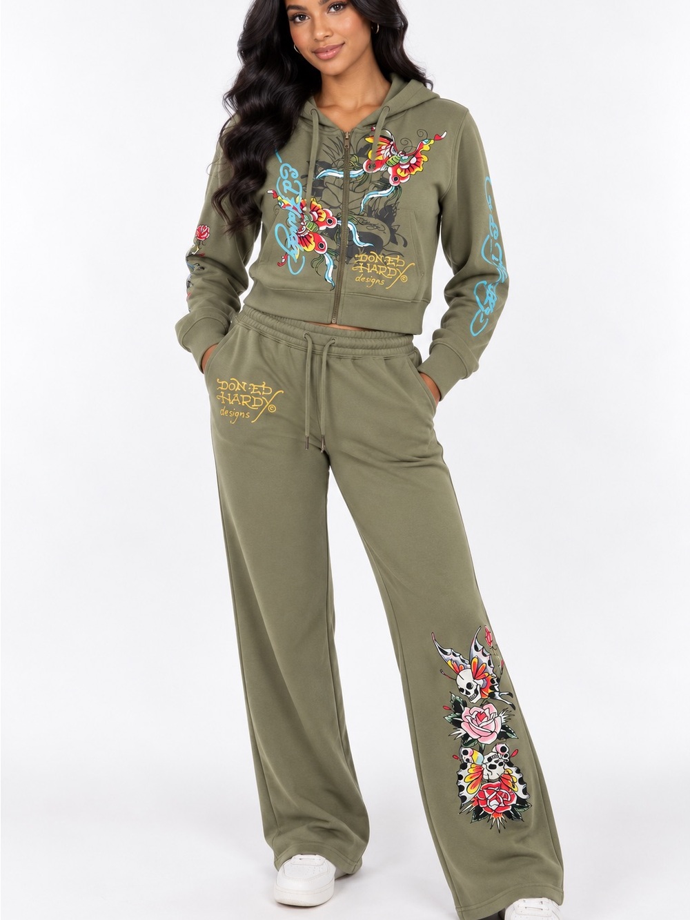 Ed Hardy Olive Wide-Leg Sweatpants with Floral Tattoo Graphics Size L